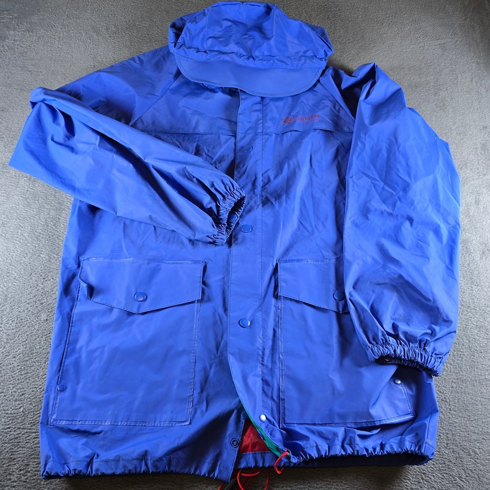 Columbia Sportswear Mens Small Blue PVC Rain Jacket Hooded Vintage RM3120